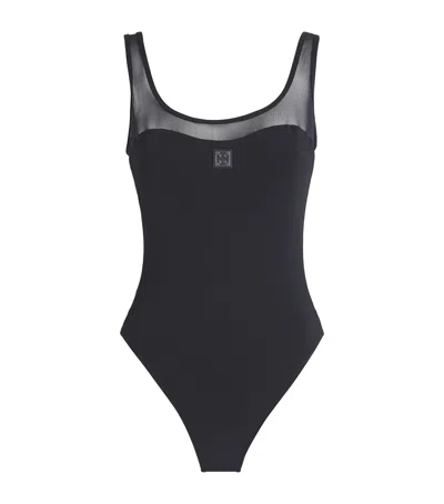 Tory Burch Mesh Monogram Swimsuit In Black