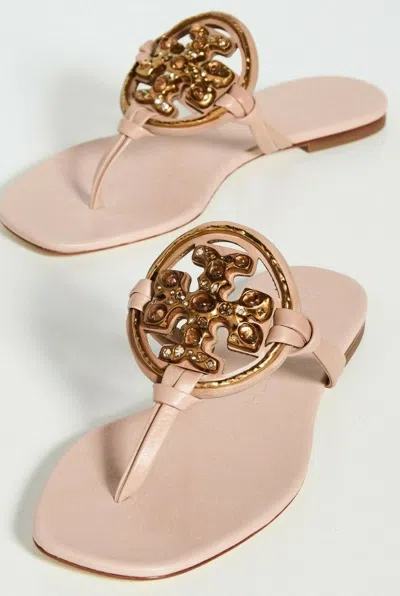 Pre-owned Tory Burch Metal Jeweled Miller Crystal Embellished Sandals Meadowsweet Pink
