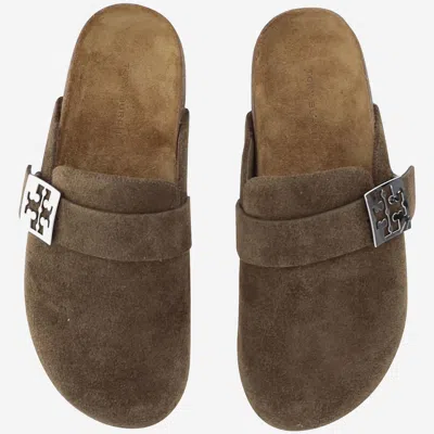 Tory Burch Metal-buckle Suede Mule In Brown