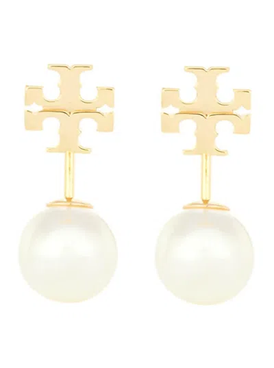 TORY BURCH METALLIC EARINGS WITH DOUBLE T MOTIF AND PEARLS