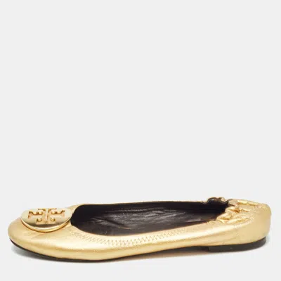 Pre-owned Tory Burch Metallic Gold Leather Claire Ballet Flats Size 37.5
