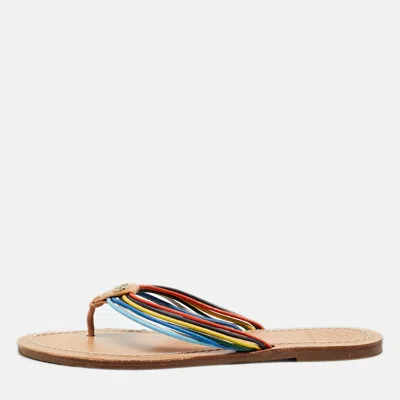 Pre-owned Tory Burch Metallic Gold Leather Sienna Thong Flat Sandals Size 37 In Multi