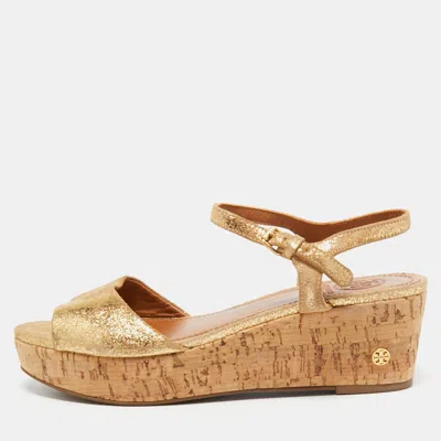 Pre-owned Tory Burch Metallic Gold Suede Ankle Strap Wedge Sandals Size 38