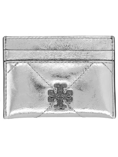 Tory Burch Metallic Leather Card Case In Silver