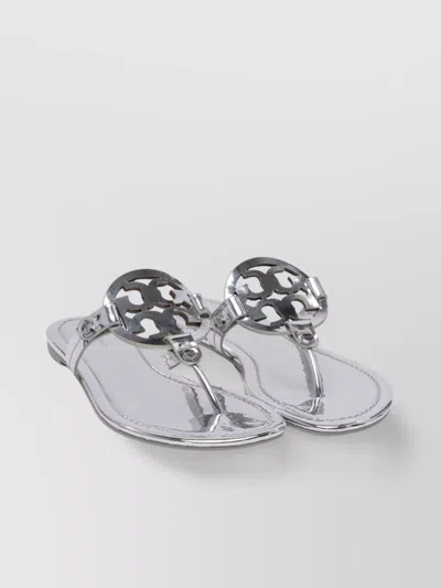 Tory Burch Metallic Open Toe Flat Sole Sandals In White