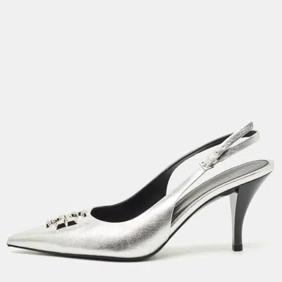 Pre-owned Tory Burch Metallic Silver Leather Eleanor Pointed Toe Slingback Pumps Size 39