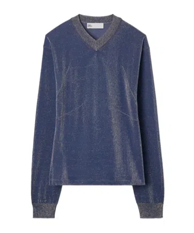 Tory Burch Metallic V-neck Sweater In Blue/gold