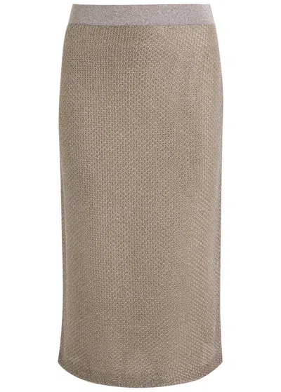 Tory Burch Metallic-weave Fine-knit Midi Skirt In Metallic Gold