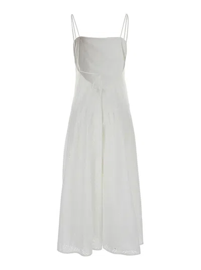 TORY BURCH MIDI WHITE DRESS WITH EMBROIDERY