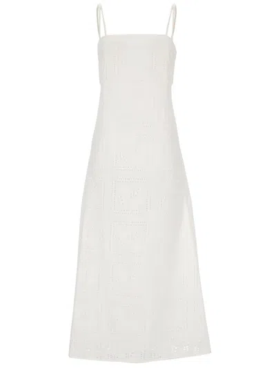 TORY BURCH MIDI WHITE DRESS WITH EMBROIDERY