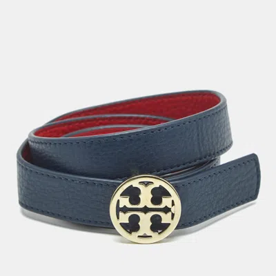 Pre-owned Tory Burch Miller 95 Cm Reversible Buckle Belt Navy Blue/red Leather