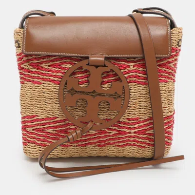 Pre-owned Tory Burch Miller Beige/pink Leather And Straw Flap Crossbody Bag In Sand