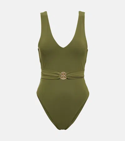 Tory Burch Miller Belted Swimsuit In Dark Olive Green
