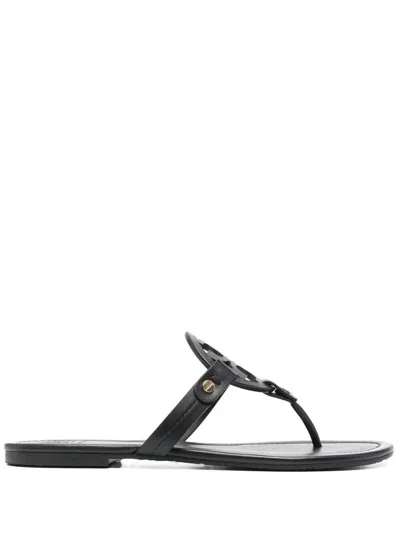 TORY BURCH MILLER BLACK THONG SANDAL WITH TONAL LOGO IN LEATHER WOMAN