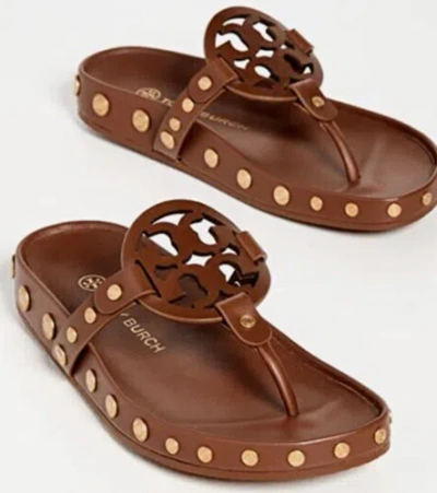 Pre-owned Tory Burch Miller Cloud Coin Studs Thong Sandals Brown Women's Size 9