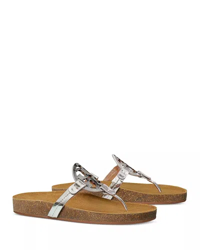 Pre-owned Tory Burch Miller Cloud Leather Sandal Metallic Silver 6.5 7 7.5 8 8.5 9 9.5
