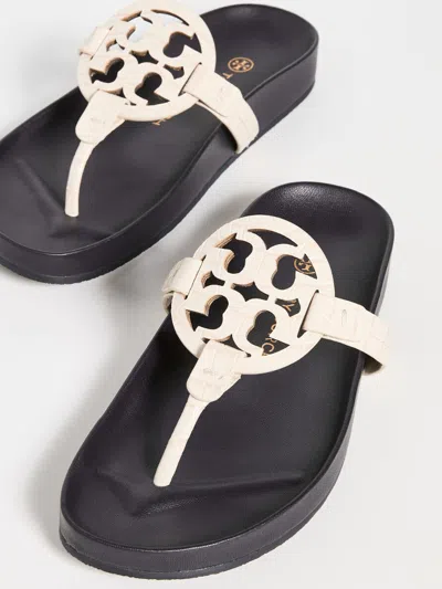 Pre-owned Tory Burch Miller Cloud Leather Thong Sandals Croc Cream Navy Us 8 Authentic In Multicolor
