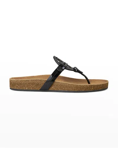 Tory Burch Miller Cloud Patent/cork Thong Sandals In Perfect Black/  Natural