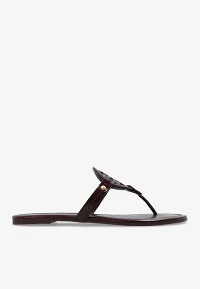 Tory Burch Miller Croc-embossed Leather T-strap Sandals In Bordeaux