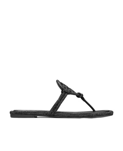 Tory Burch Miller Pavé Embellished Thong Slippers In Black