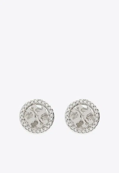 Tory Burch Miller Crystal Paved Stud Earrings In Silver