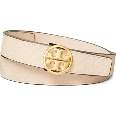 Tory Burch Miller Debossed T Monogram Leather Belt In Pink Sea/gold