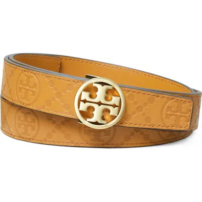 Tory Burch Miller Debossed T Monogram Leather Belt In Tan/gold