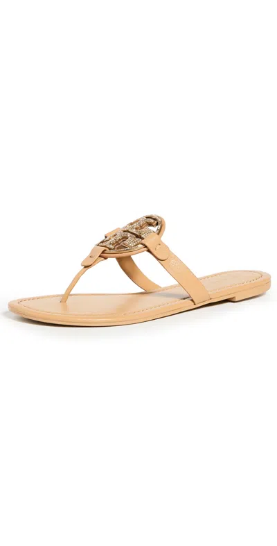 Tory Burch Miller Leather Pave Medallion Flat Thong Sandals In Orange