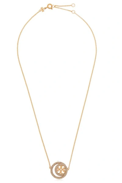 Tory Burch Miller Double Ring Pendant Embellished Necklace In Gold