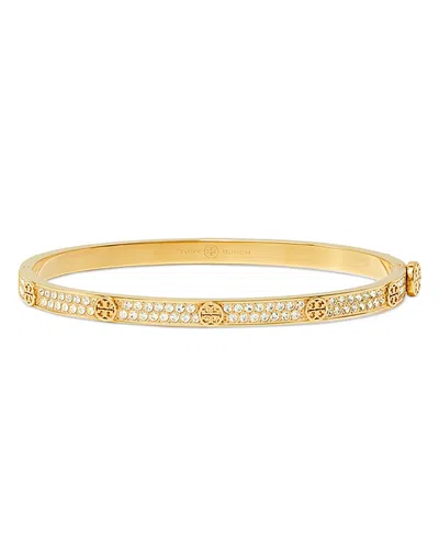 Tory Burch Miller Double T & Pave Studded Bangle Bracelet In 18k Gold Plated