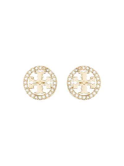 Tory Burch Orecchini Circlestud Crystal Logo Earrings In Gold