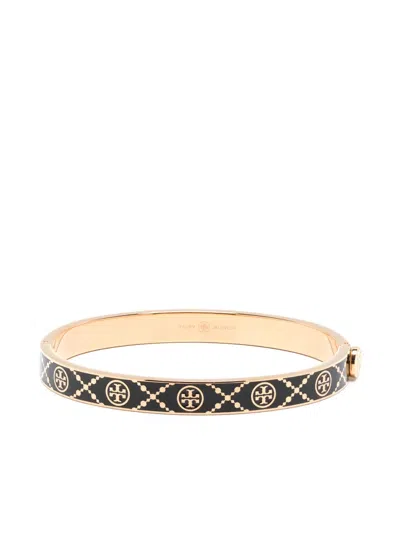 Tory Burch Miller Enamelled-logo Hinge Bracelet In Black,gold