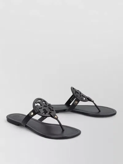 Tory Burch Miller Flat Leather Thong Sandals Logo In Black