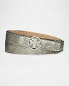 Tory Burch Miller Floral Embossed Metallic Belt In Pewter
