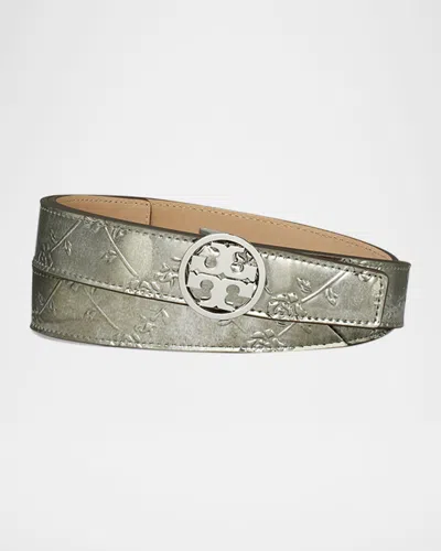 Tory Burch Miller Floral Embossed Metallic Belt In Pewter