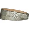 Tory Burch Miller Floral Embossed Metallic Leather Belt In Pewter
