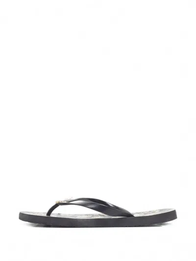 Pre-owned Tory Burch Miller Floral-print Flip-flops In Black