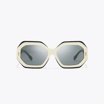 Tory Burch Miller Geometric Sunglasses In Black/ivory/dark Grey Solid