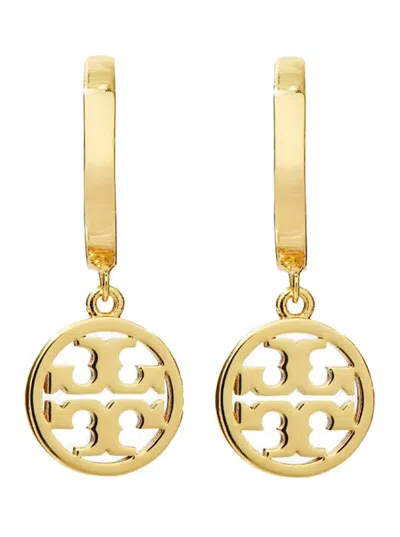 TORY BURCH 'MILLER HUGGIE HOOP' METALLIC HOOP EARINGS WITH DOUBLE T MOTIF AND HINGE-PIN CLOSURE IN BRASS WOMAN