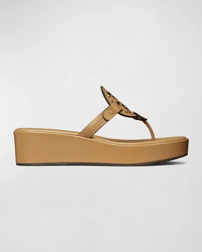 Tory Burch Miller Leather Logo Wedge Thong Sandals In Ginger Shortbread