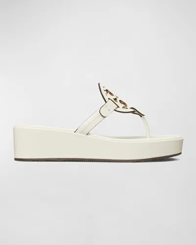 Tory Burch Miller Leather Logo Wedge Thong Sandals In New Ivory