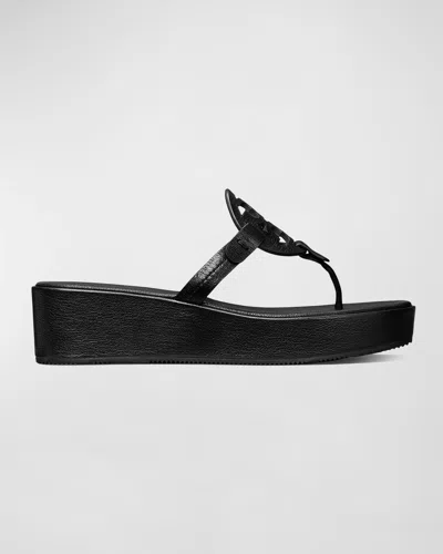 Tory Burch Miller Leather Logo Wedge Thong Sandals In Perfect Black