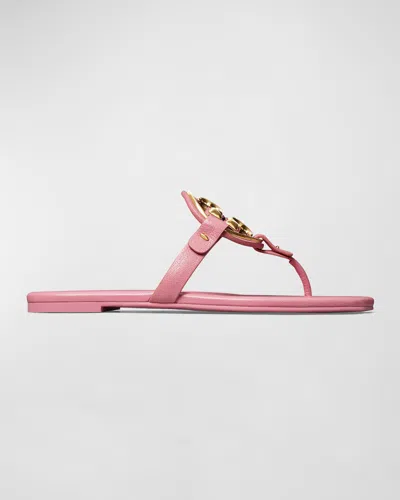 Tory Burch Miller Leather Medallion Flat Thong Sandals In Pink Bubblegum  Gold
