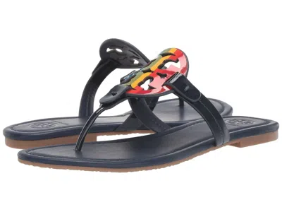 Pre-owned Tory Burch Miller Leather Thong Sandal Rainbow Navy Us 7.5 100% Authentic