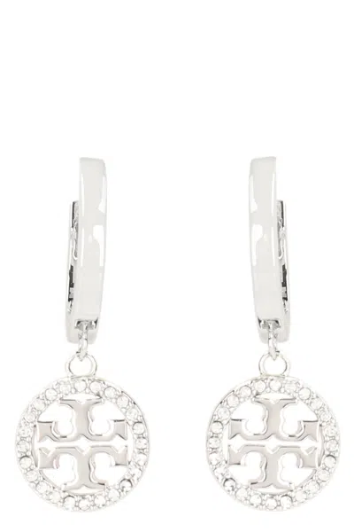 Tory Burch Miller Logo Hoop Earrings In Silver/crystal