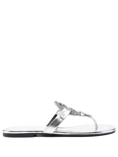 Tory Burch Miller Logo-plaque Sandals In Grey