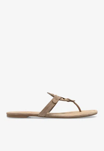 Tory Burch Miller Logo Plaque Suede Sandals In Beige
