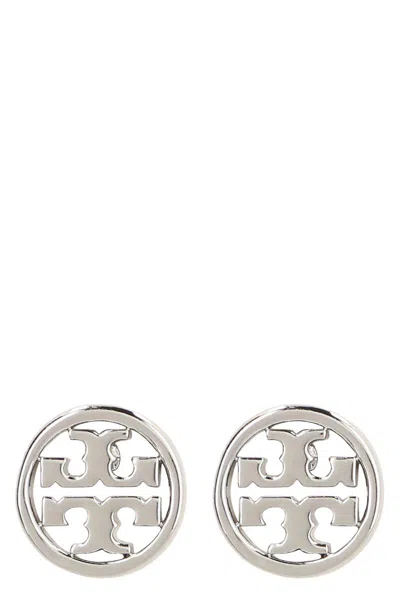 Tory Burch Silver Brass Earrings With Logo In Grey