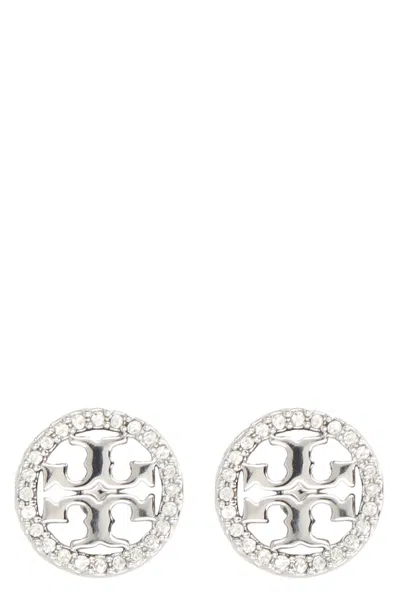 Tory Burch Miller Logoed Earrings In Silver