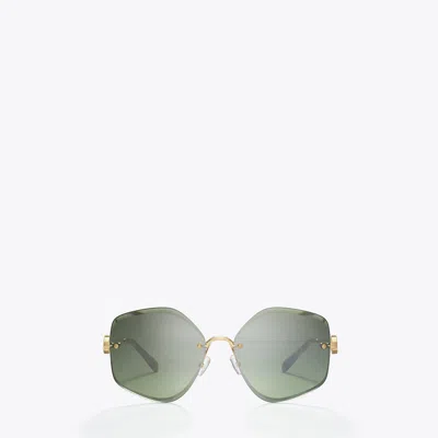 Tory Burch Miller Metal Geometric Sunglasses In Shiny Gold/dark Green